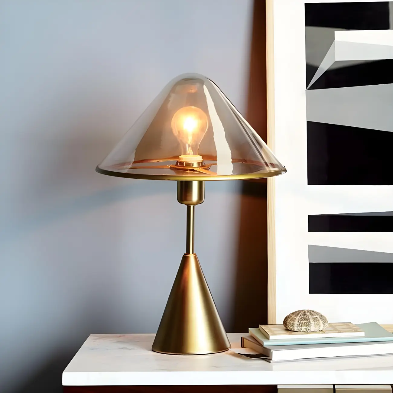 Modern Golden Desk Lamp Cone Glass Shade for Living Room