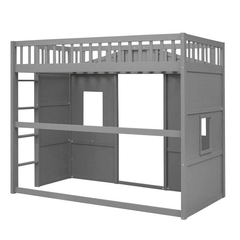 House Loft Bed Twin Kids Playhouse Bed, Solid Wood Loft Bed Frame with Window and Ladder