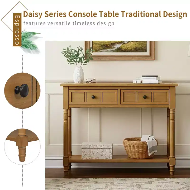 GDFStudio Darren Traditional Entryway Console Table with 2 Drawers and Bottom Shelf