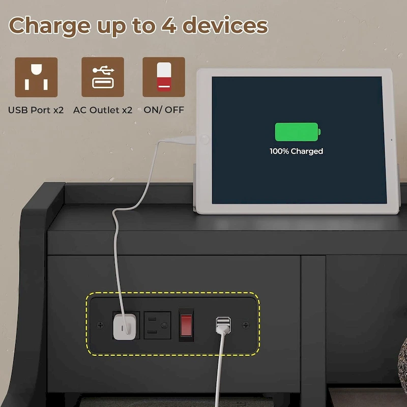 Nightstand 3 Drawers Charging Station End Side Table Bedroom