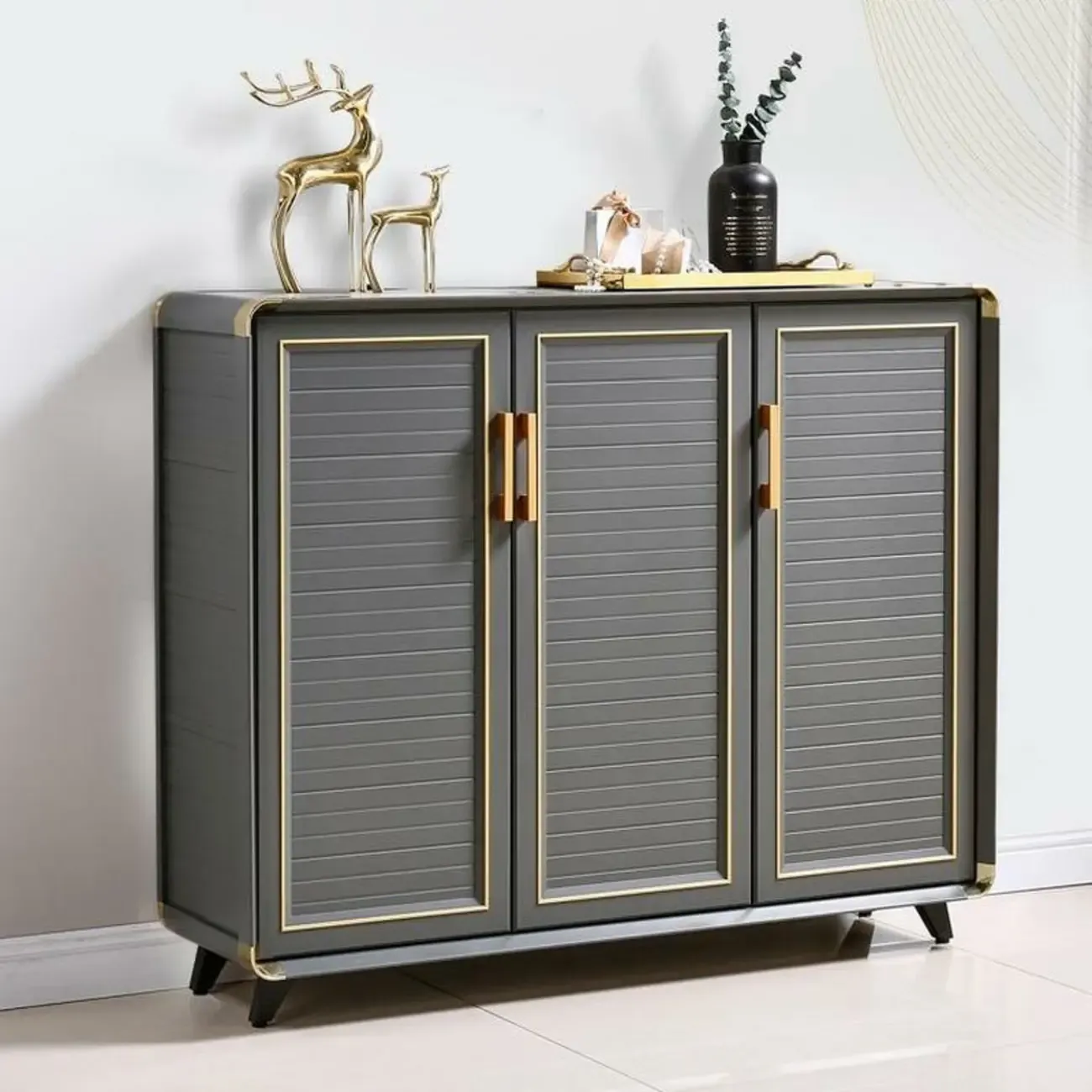 Luxury Grey Metal Entryway Shoe Cabinet with Gold Trim