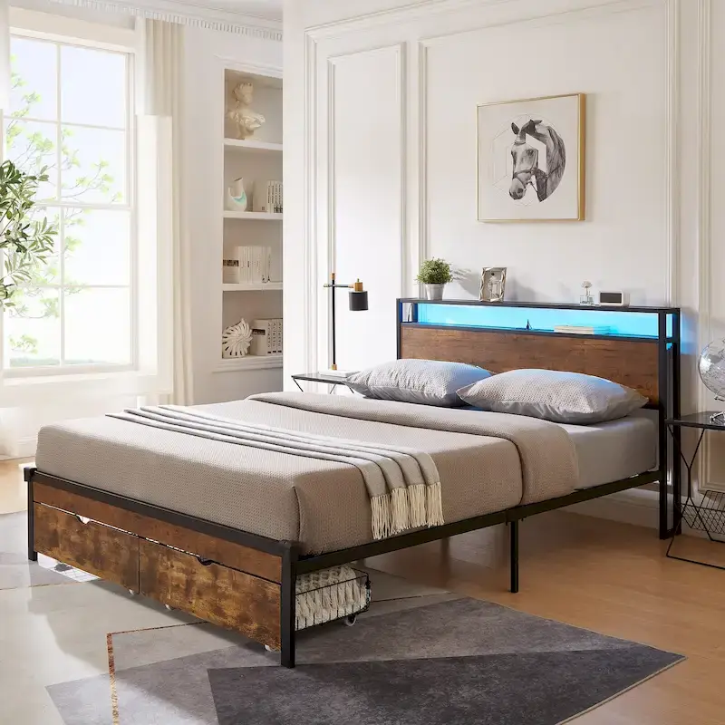 Queen Size Metal Platform Bed with LED Lights and Wooden Headboard