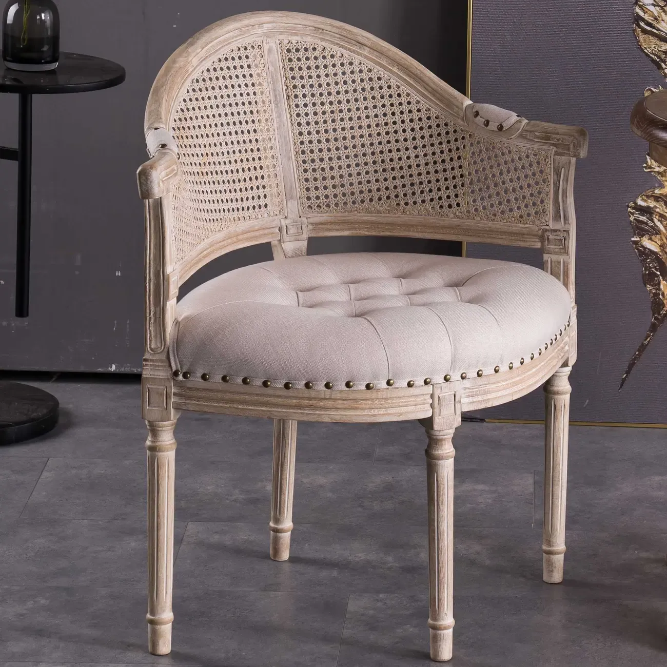 Rustic Rattan Upholstered Wood Dining Chair
