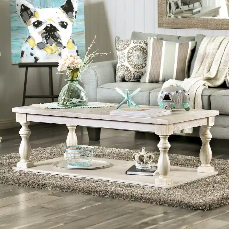 Wood Coffee Table with Lower Shelf, Antique White, Rustic Traditional, 52"L, 75 lbs, Seats 1+