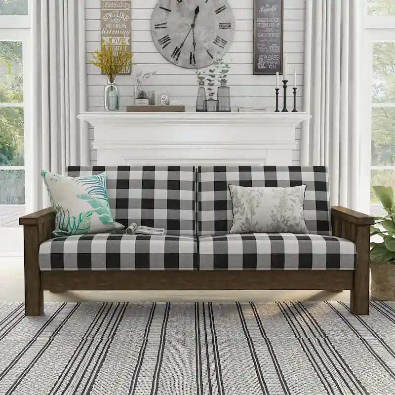 Jimo Farmhouse Rustic Oak Fabric Upholstered Wooden Arms Sofa by Furniture of America