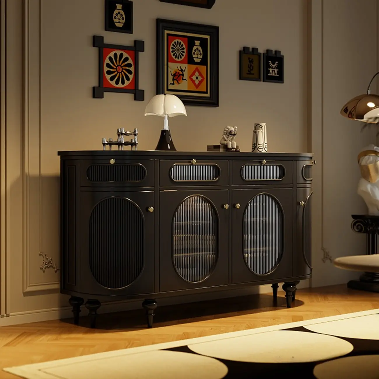 55 L French White/Black Oval Sideboard Cabinet with Glass Doors