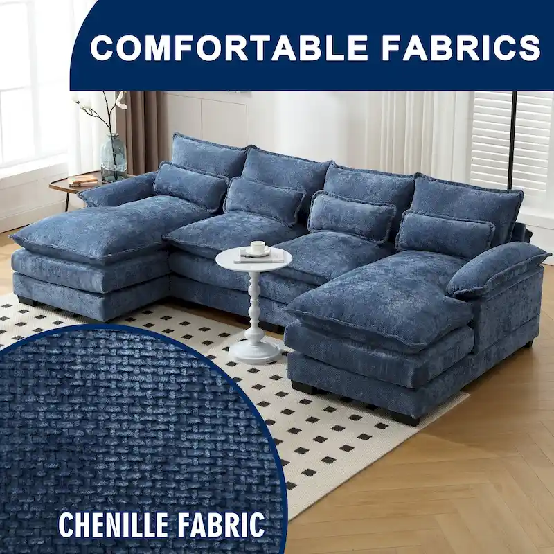 Chenille Upholstered U-Shaped Living Room Sectional Sofa With Wooden Legs