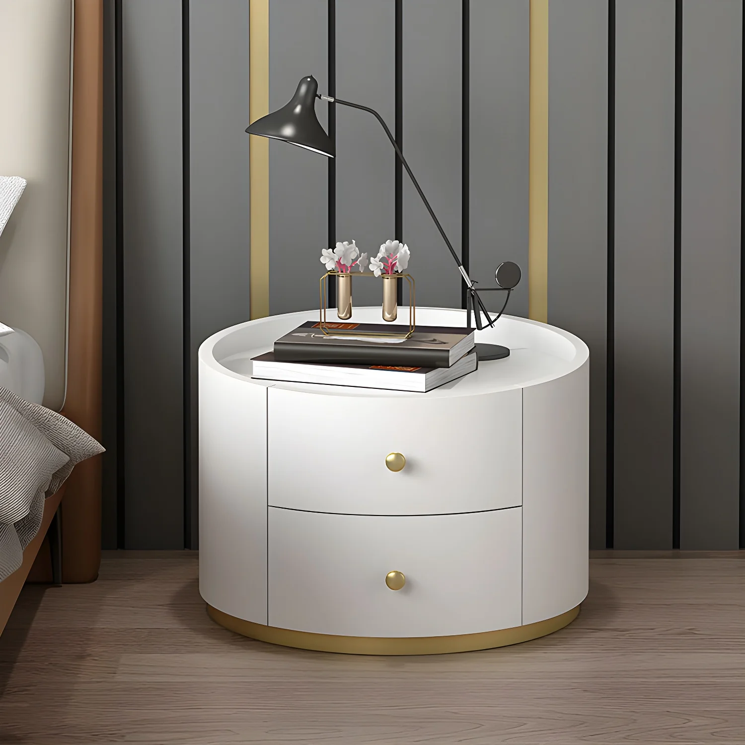 Glam Manufactured Wood Round 2-Drawer Nightstand
