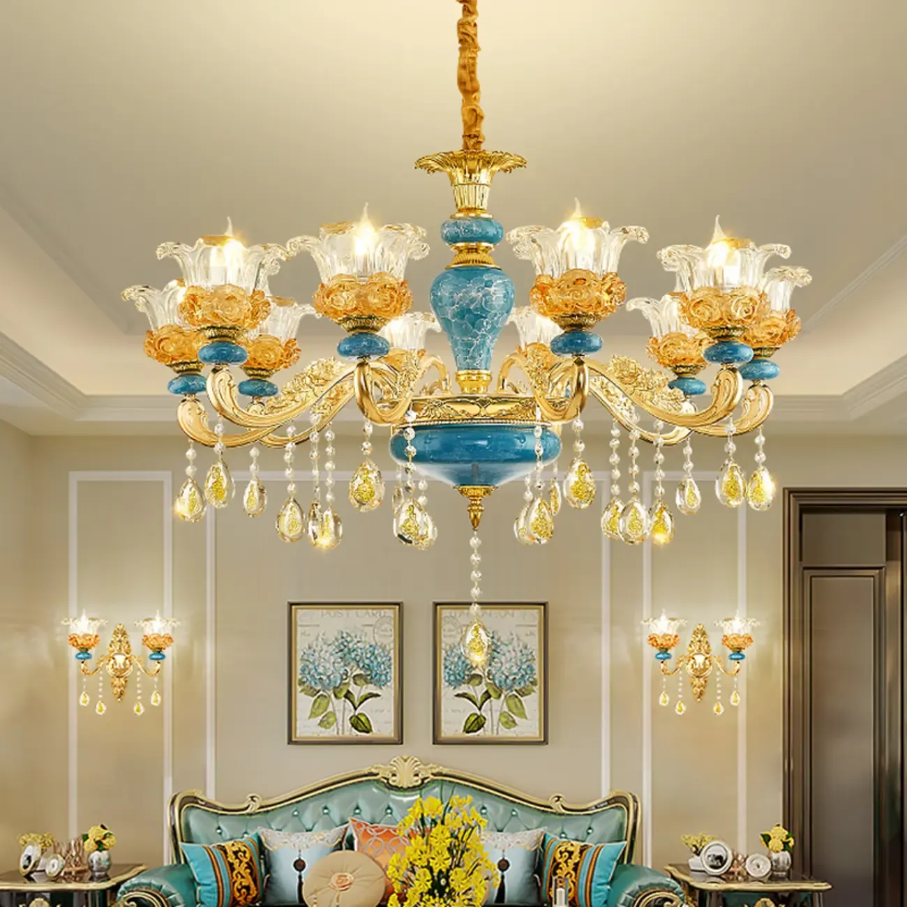 Large Luxury Brass Flower Shape Clear Glass Chandelier