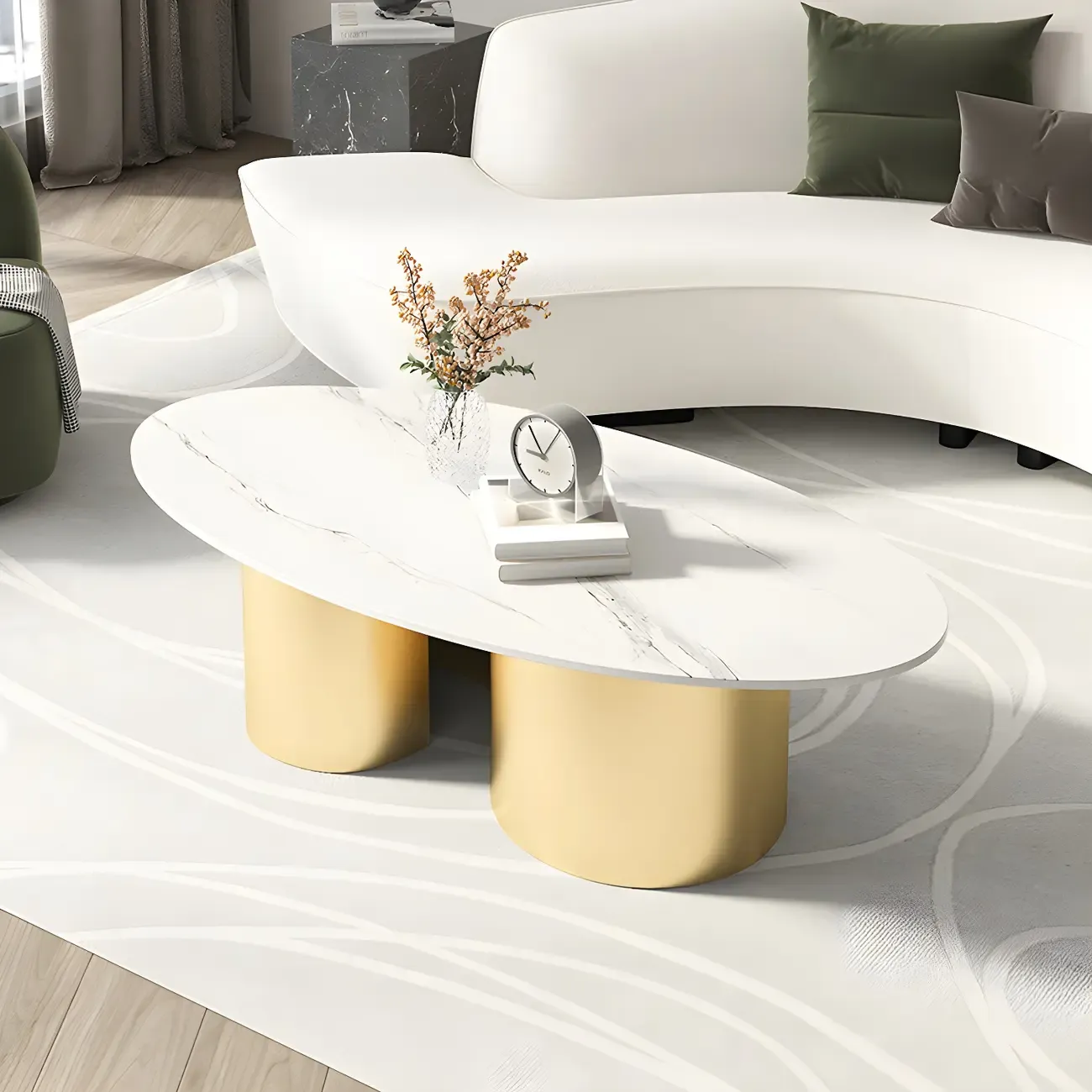 Modern Oval Glass Top Metal Base Coffee Table