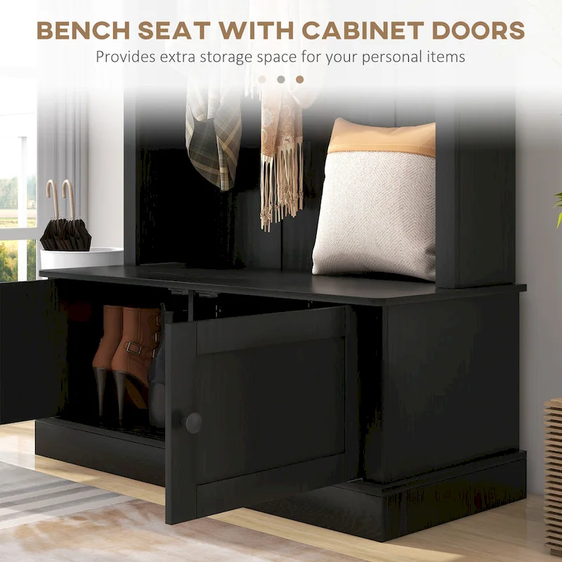 Freestanding Hall Tree, Entryway Bench with Coat Rack, Shoe Cabinet and Top Shelf