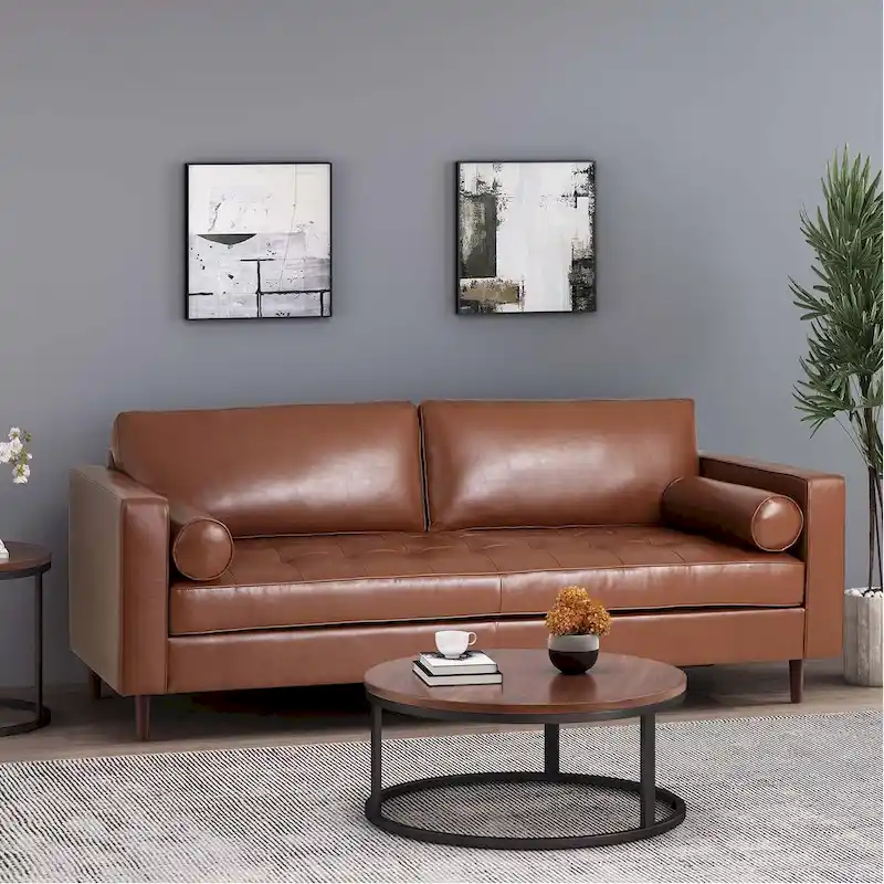 Modern 82.25 Faux Leather 3-Seater Sofa with Wood Legs