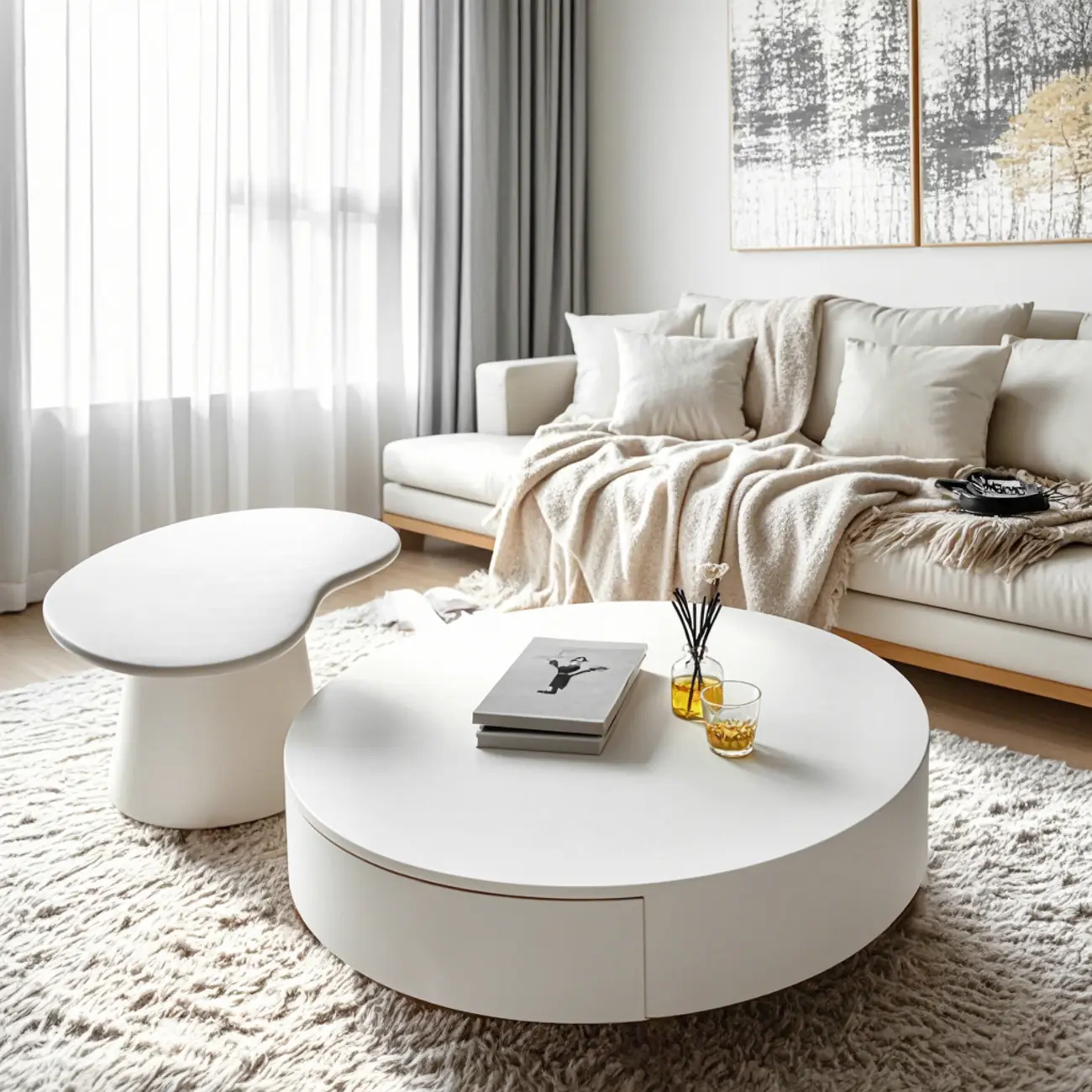 Modern White Round Wooden Coffee Table with Storage