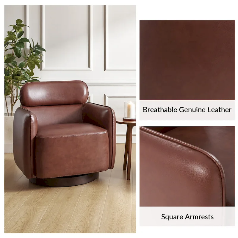 Raphael Modern Swivel Genuine Leather Barrel Chair