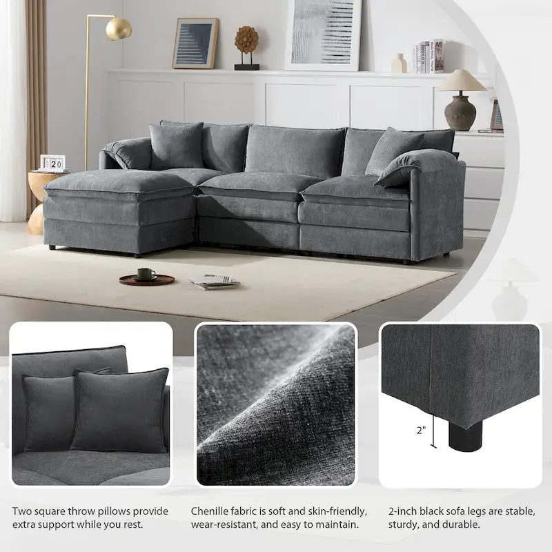103.5 Chenille Sectional Sofa with 4-Seat L-Shaped Cloud Couch and Ottoman & Pocket Spring Cushions (330lb Capacity)