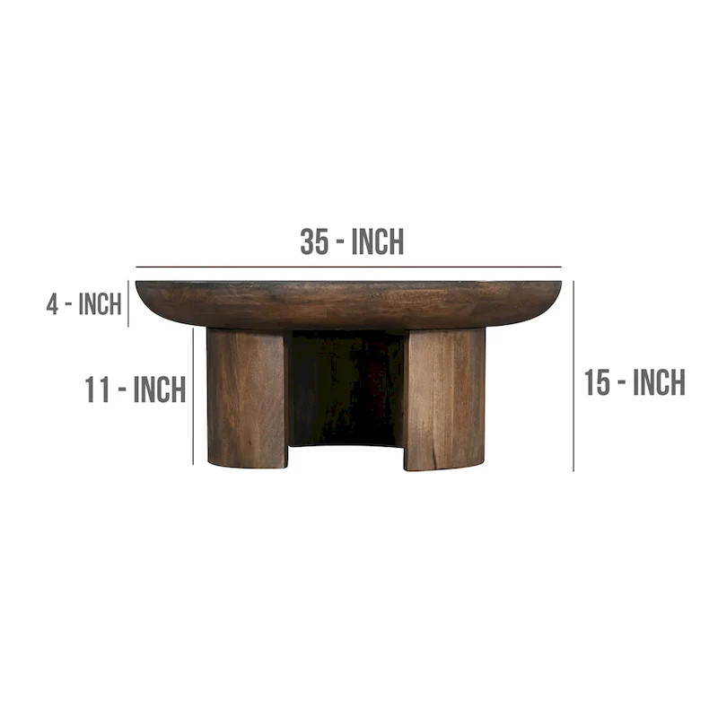35 Inch Coffee Table, Handcrafted Round Mango Wood Top, Modern Curved Tripod Legs, Walnut Brown
