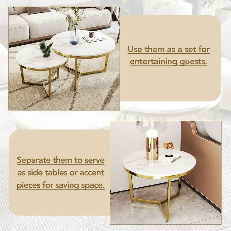 Modern Round Nesting Coffee Table Set 2-Piece White & Marbling Top Gold Base