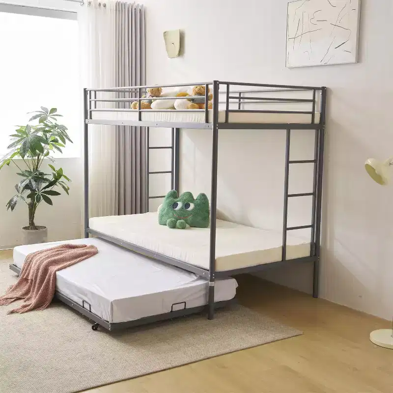 Karl Home Blcak Twin over Twin Bunk Bed with Trundle, Heavy Duty Metal Bed Frame with Safety Rail Side Ladders