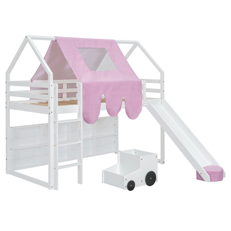 Twin Loft Bed with Play Tent and House Design, 250lb Capacity, Slide & Ladder