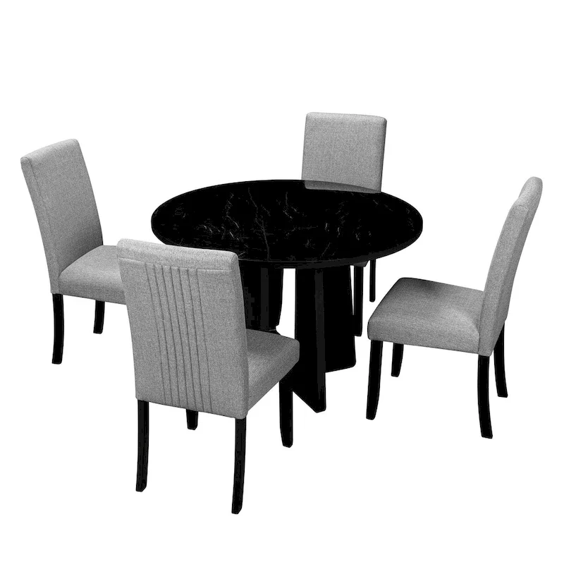 5 Pcs Wood Kitchen Table and Chair Set, 4 People Round Dining Table Set with Faux Marble Top and 4 Upholstered Chairs