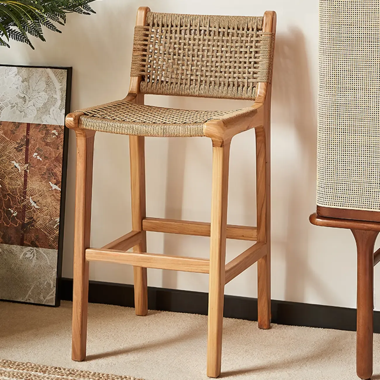 Scandinavian Wooden Ratten Bar Stool