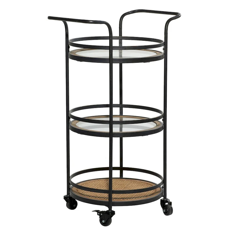 Metal Rolling 1 Rattan and 2 Glass Shelves Bar Cart with Handles - Brown -  - 16Wx21Lx35H
