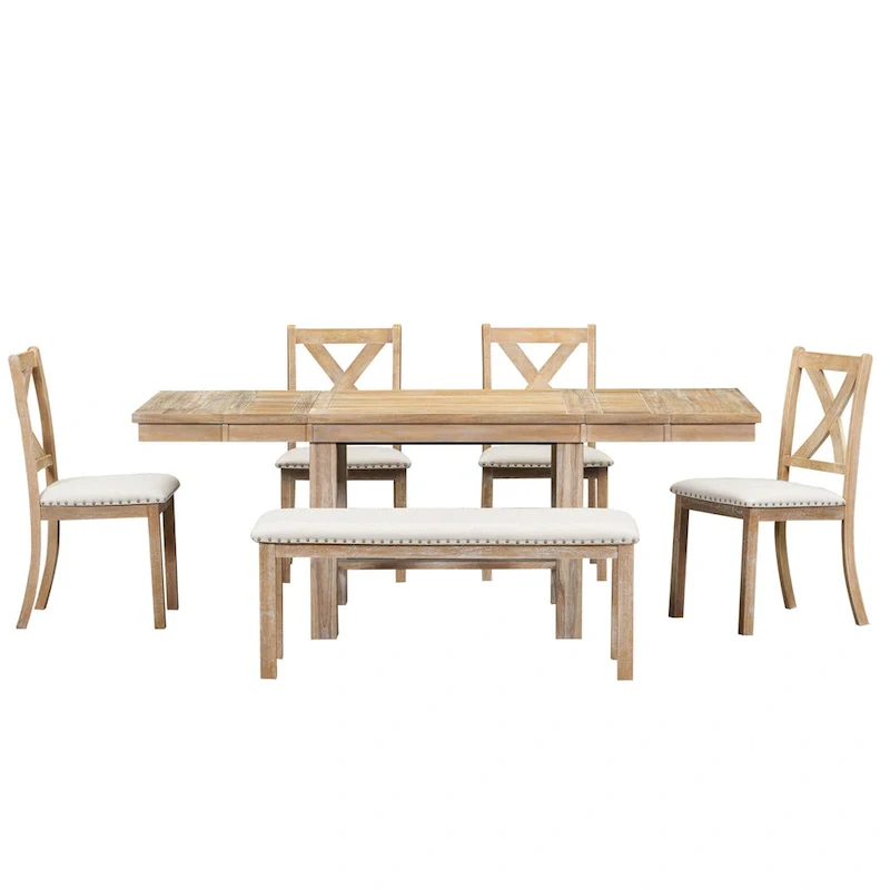 Farmhouse 6-Piece Wooden Dining Table Set with Extendable Table & 4 Chairs