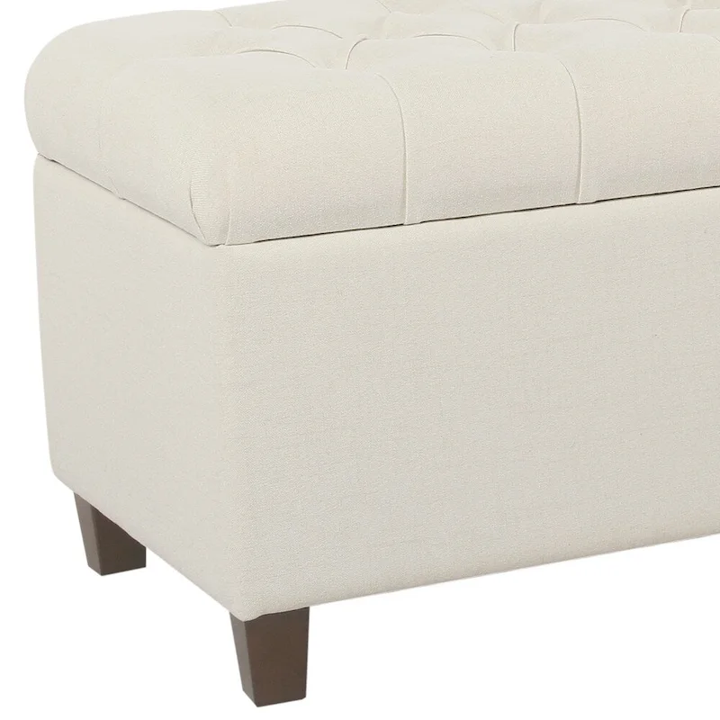 Fabric Upholstered Button Tufted Wooden Bench With Hinged Storage, White and Brown
