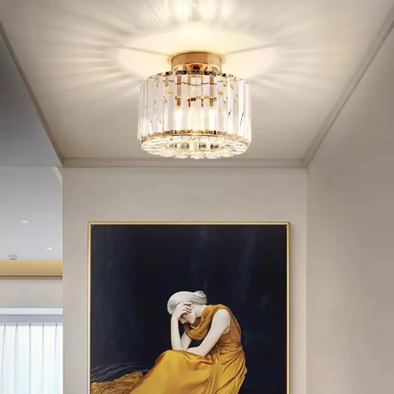 Modern Gold Square Crystal Semi Flush Ceiling Light