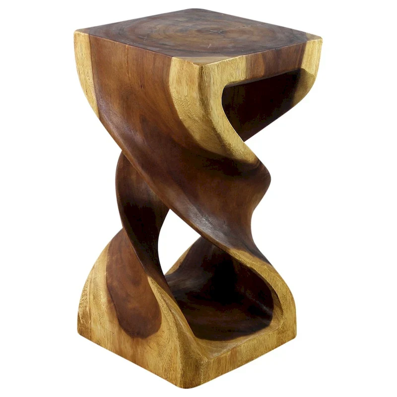Double Twist Stool/Side Table, Carved Monkey Pod Wood, Natural Oak Oil Finish, 12
