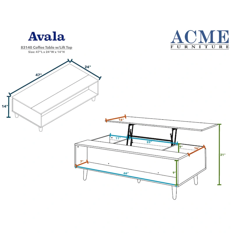 47 W Coffee Table w/Lift Top, Walnut & Black