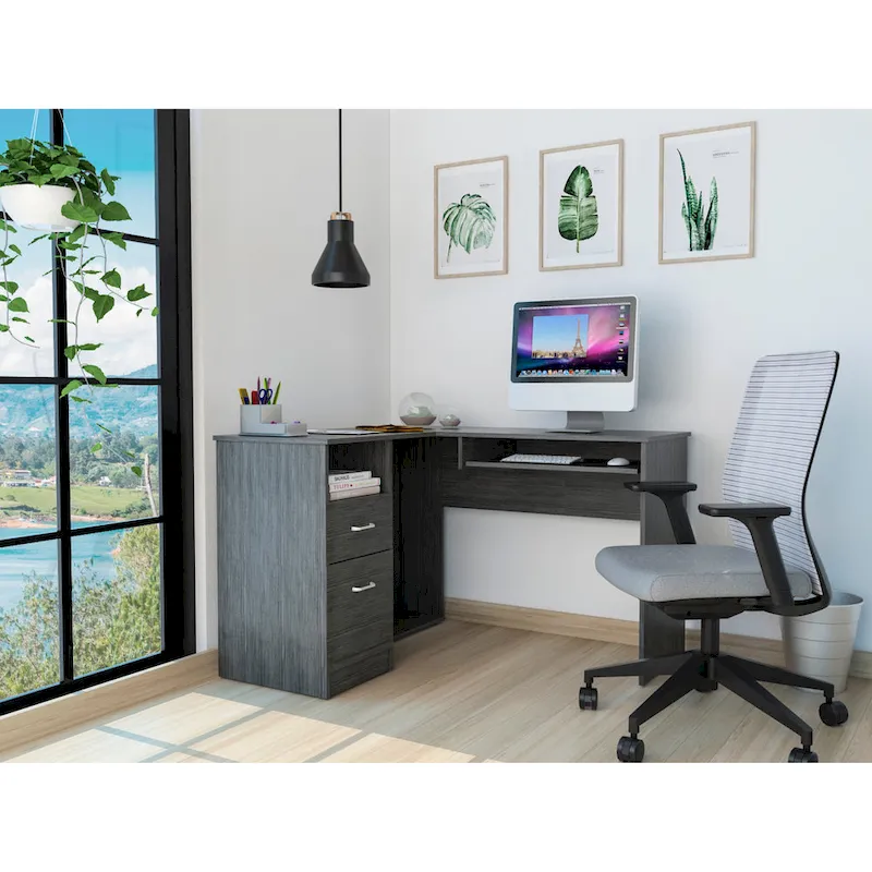 Brown / Black / Grey L-Shaped Corner Desk with 2 Drawers, Keyboard Tray and CPU Storage – Single User