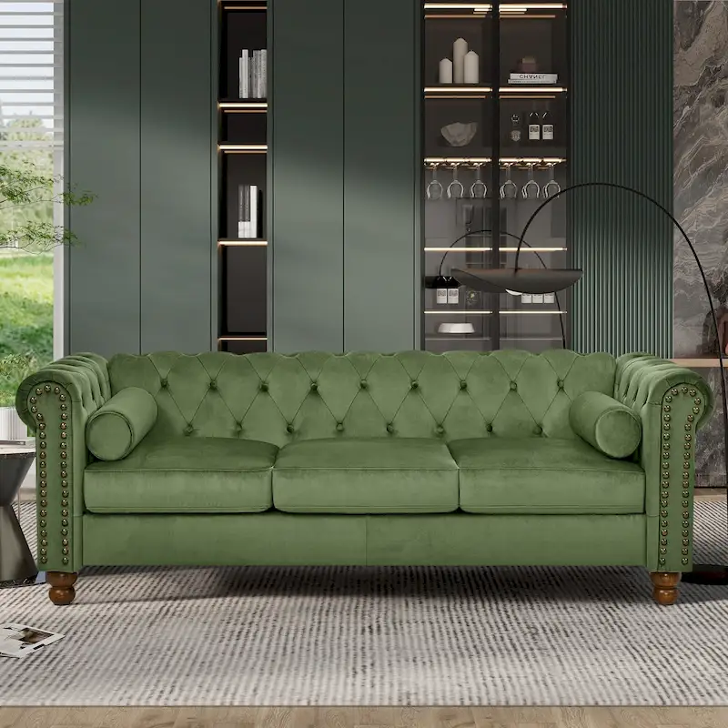 Green 74.5 Velvet Chesterfield Sofa with Button Tufting, Scrolled Arms, Turned Legs, and Elegant Design