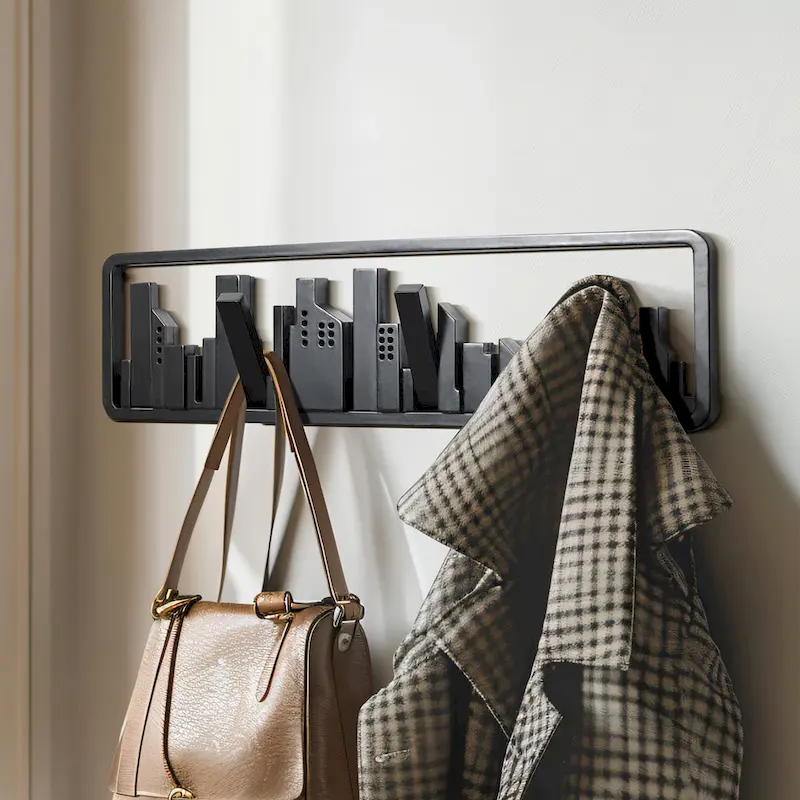 Black Wood 4-Hook Wall-Mounted Coat and Towel Rack - 22.3 Wide