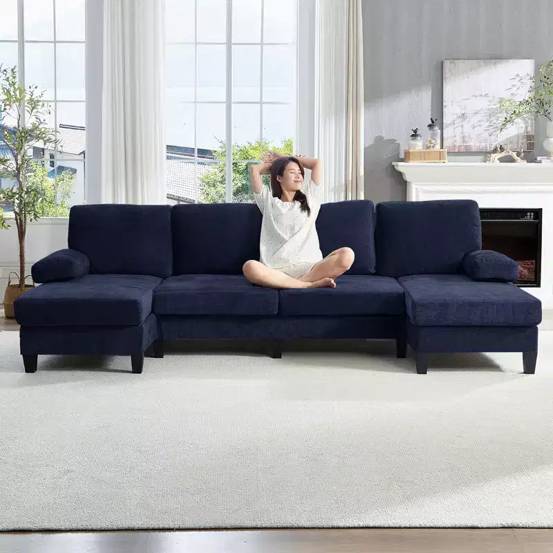 Mjkone 110U-Shaped Sectional Couches,Chenille Upholstered Large 4-Seater Sofa with Double Chaises and Sleepable Armrests