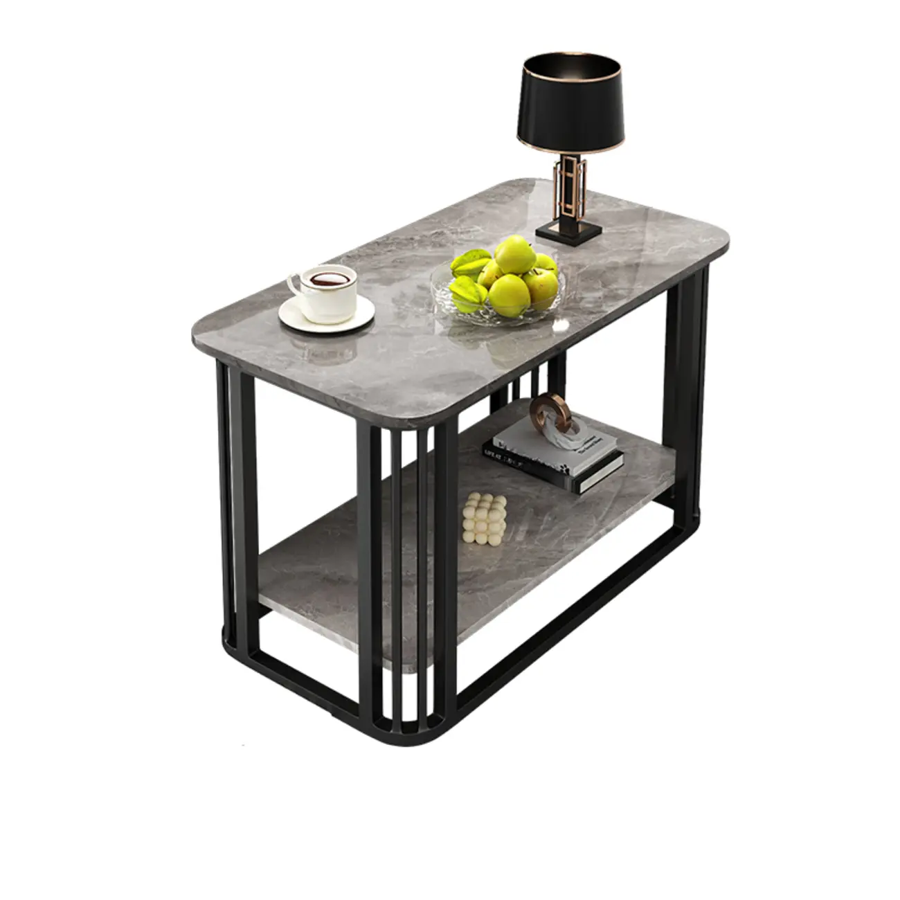 Luxury Rectangular Gold 2-Tier Coffee Table with Stone Top