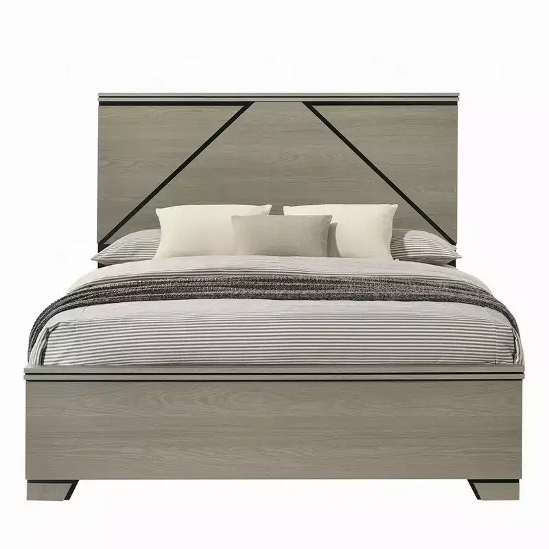 Royal Hampton Queen Bed, Panel Headboard with LED, Weathered Gray Wood, Modern Style