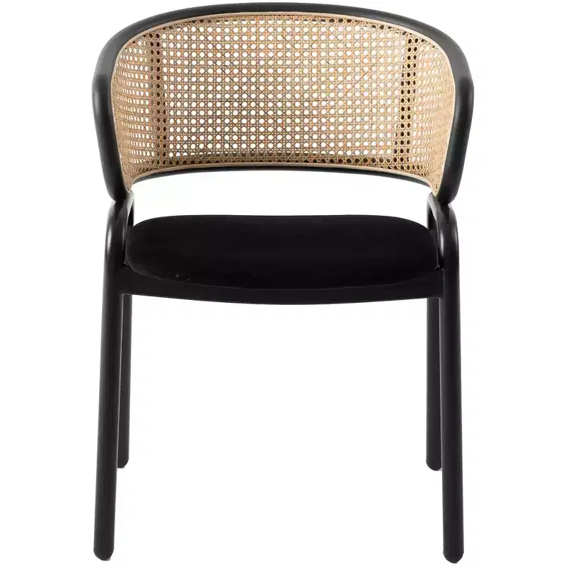 Velvet Upholstered Dining Chair with Woven Rattan Back, Set of 2