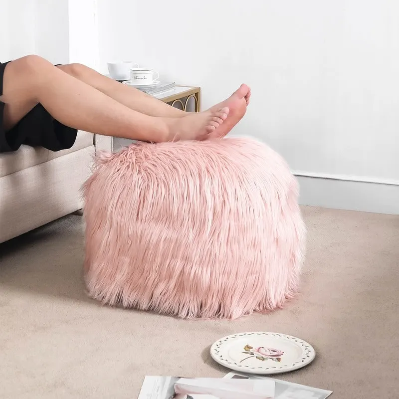 Adeco Unstuffed Ottoman Round Pouf Cushion Covers Faux Fur Foot Stool