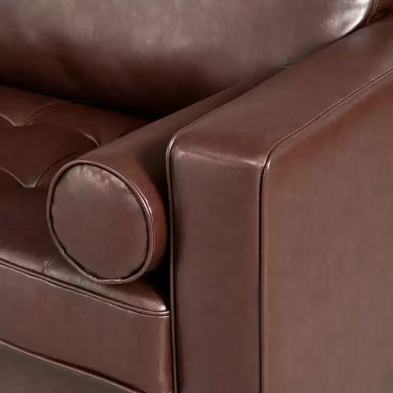 Whisen PU Leather 3-Seat Sofa, Mid-Century Modern Sofa Couch with Tufted Design, Solid Wood Legs, 2 Bolster Pillows
