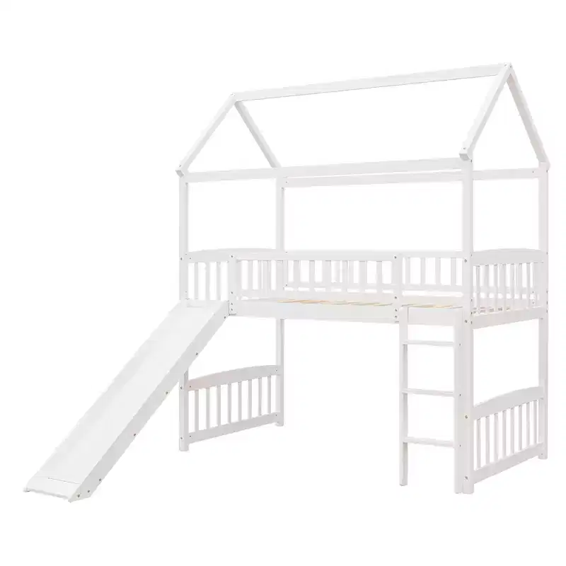 Twin House Loft Bed with Slide, Wood Playhouse Loft Bed Frame with Ladder and Roof