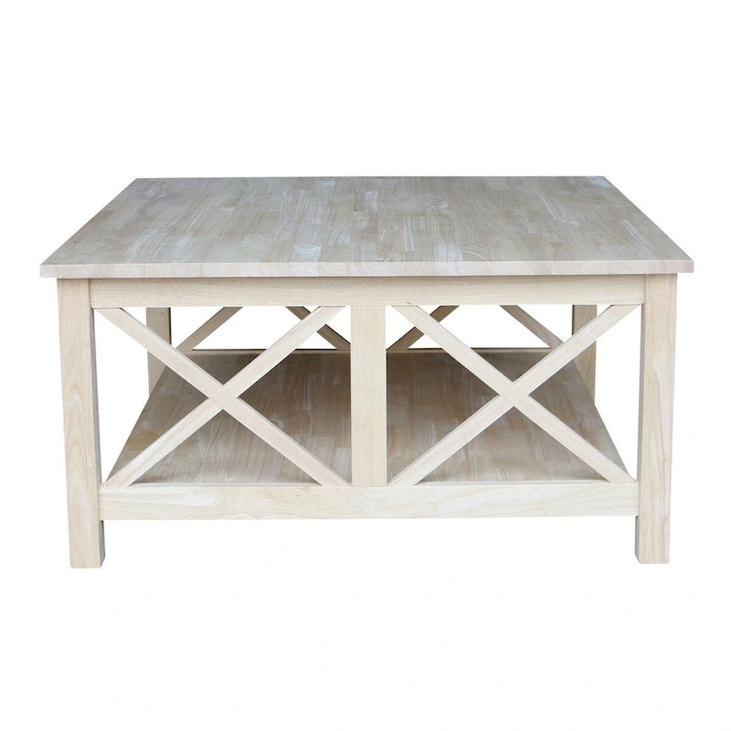 Square Unfinished Solid Wood Coffee Table with Bottom Shelf - 36 in. W x 36 in. D x 18 in. H.