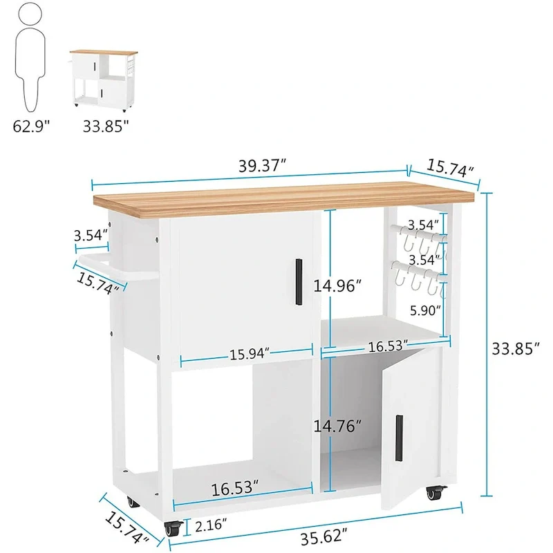 Kitchen Island with Wheels and Towel Rack, Kitchen Cart Utility Coffee Bar Cart with Shelves and Cabinet - White