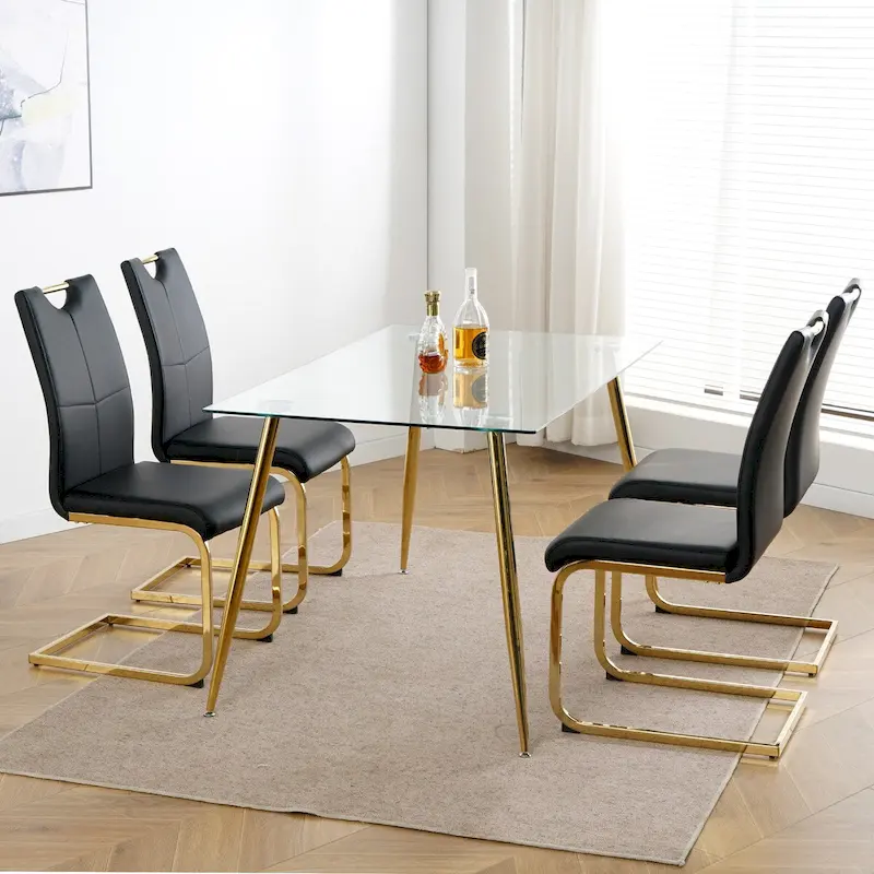 Set of 4 Modern Faux Leather Padded Seat Dining Chairs with gold Metal Legs