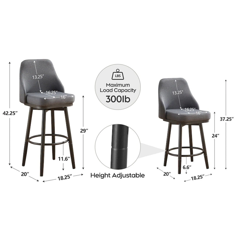 Bar Stools Set of 2 Chenille Adjustable Counter Height Swivel Bar Stools with Back Metal Leg,24 to 29 Inch,Light Gray