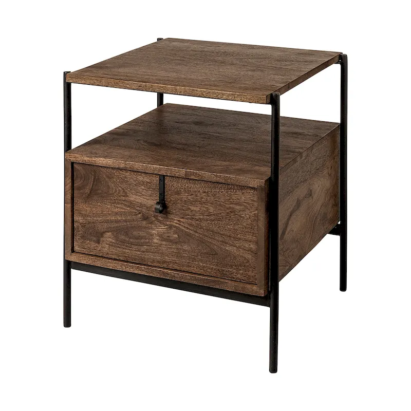 Glenn I Square Dark Brown Wood and Iron Black Frame Side Table