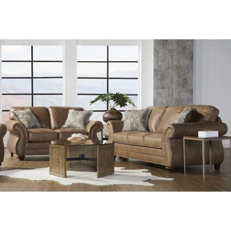 Roundhill Furniture Leinster Brown Fabric Nailhead Trim Sofa and Loveseat