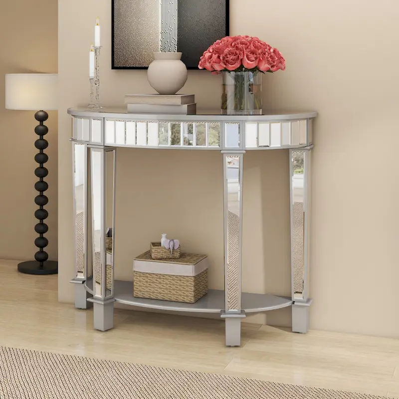 Mirror Circular Curved Console Table with Shelf