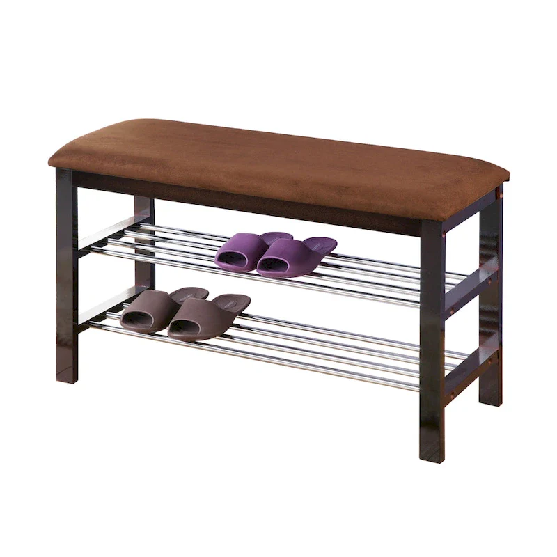 Roundhill Furniture Dark Espresso Wood Shoe Bench with Chocolate Microfiber Seat
