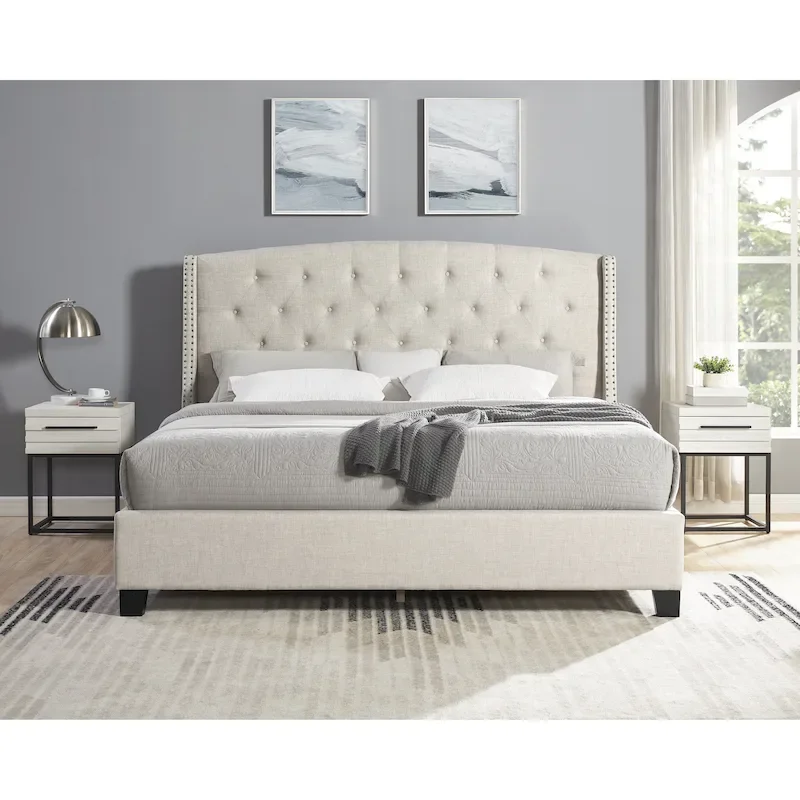 Roundhill Furniture Astral 3-Piece Upholstered Bedroom Set Tufted Wingback Bed with Two Nightstands
